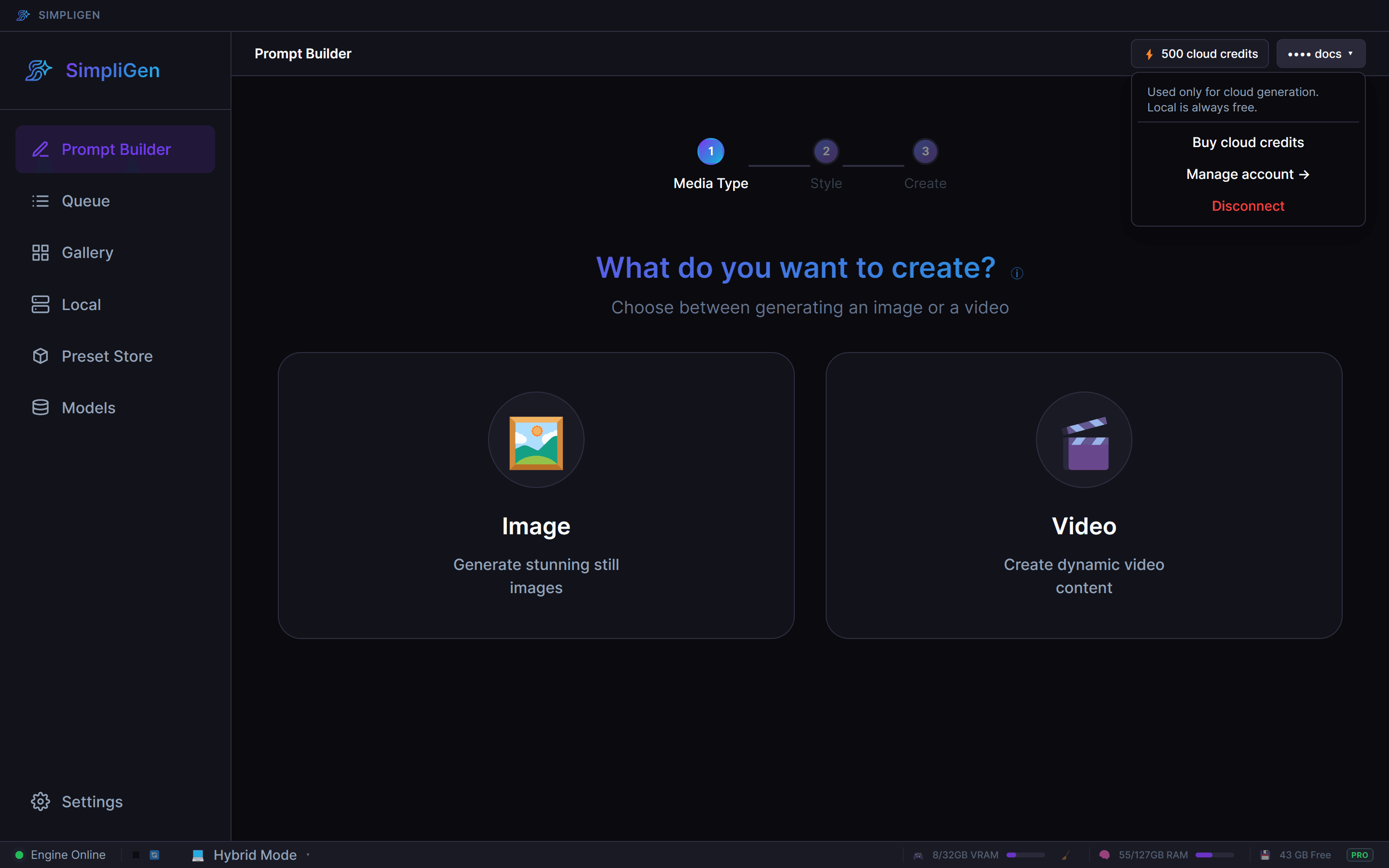 The cloud account menu