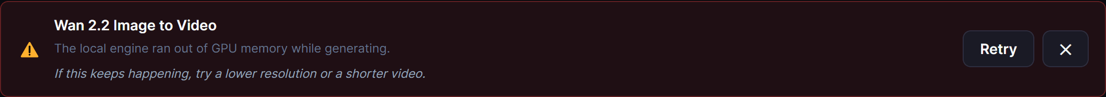A failed generation card in the Queue
