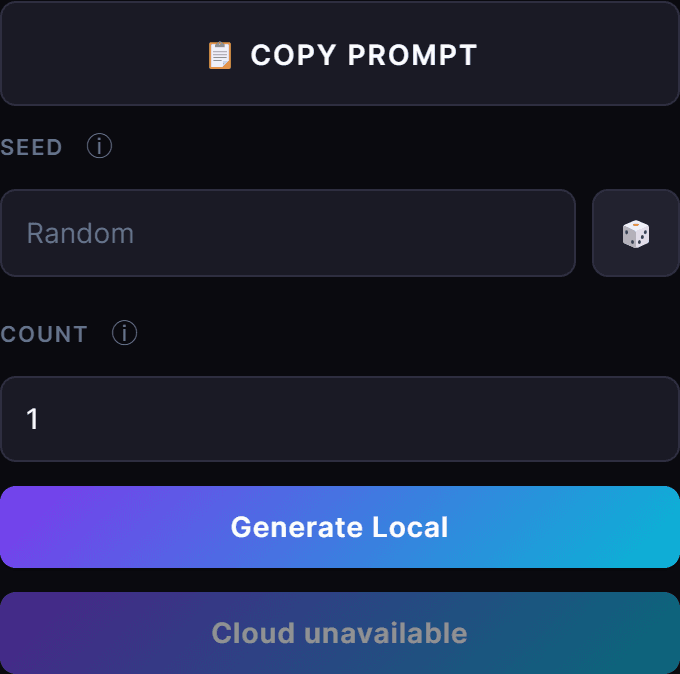 The seed and count fields in the prompt builder sidebar