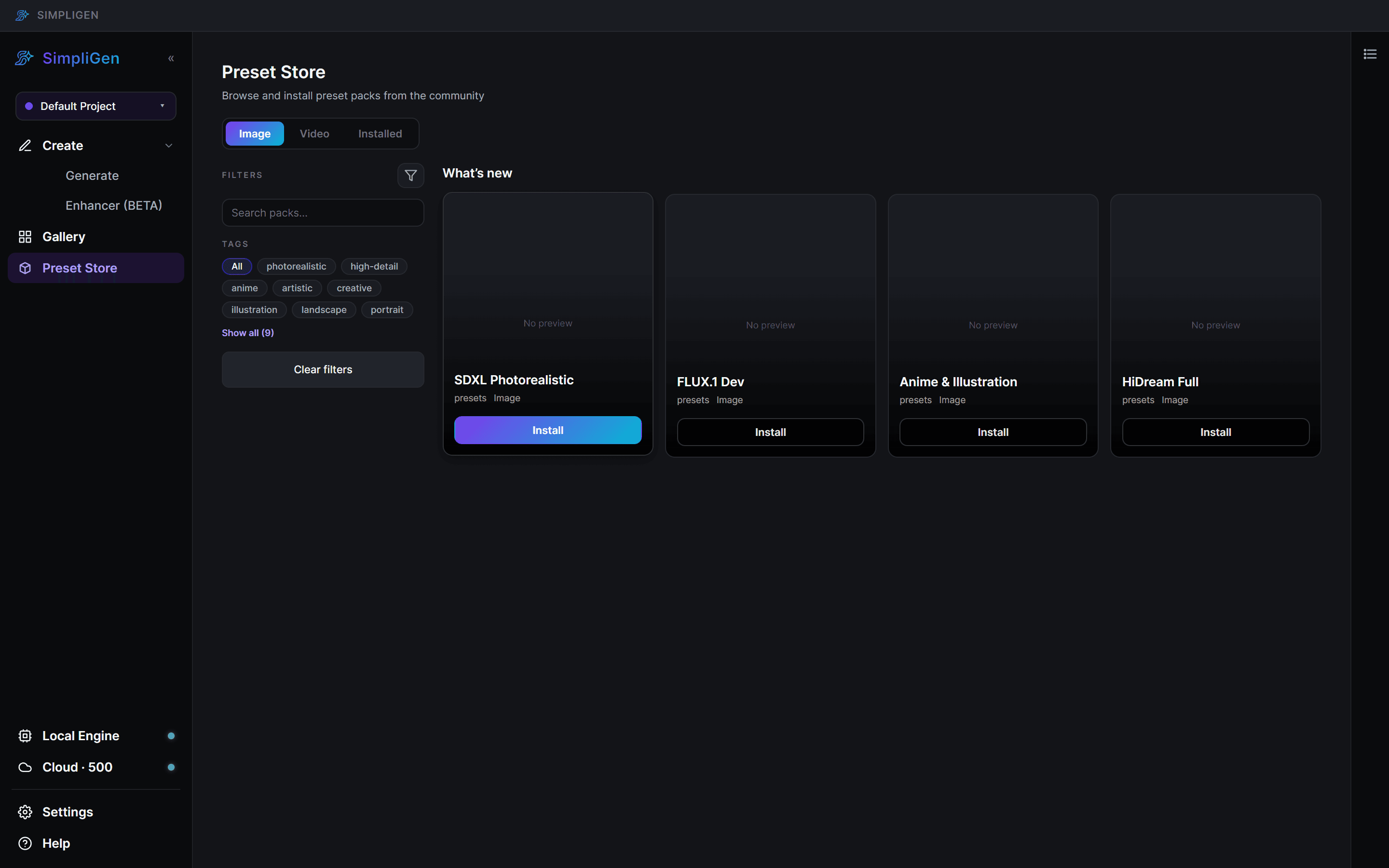 The Preset Store showing available packs