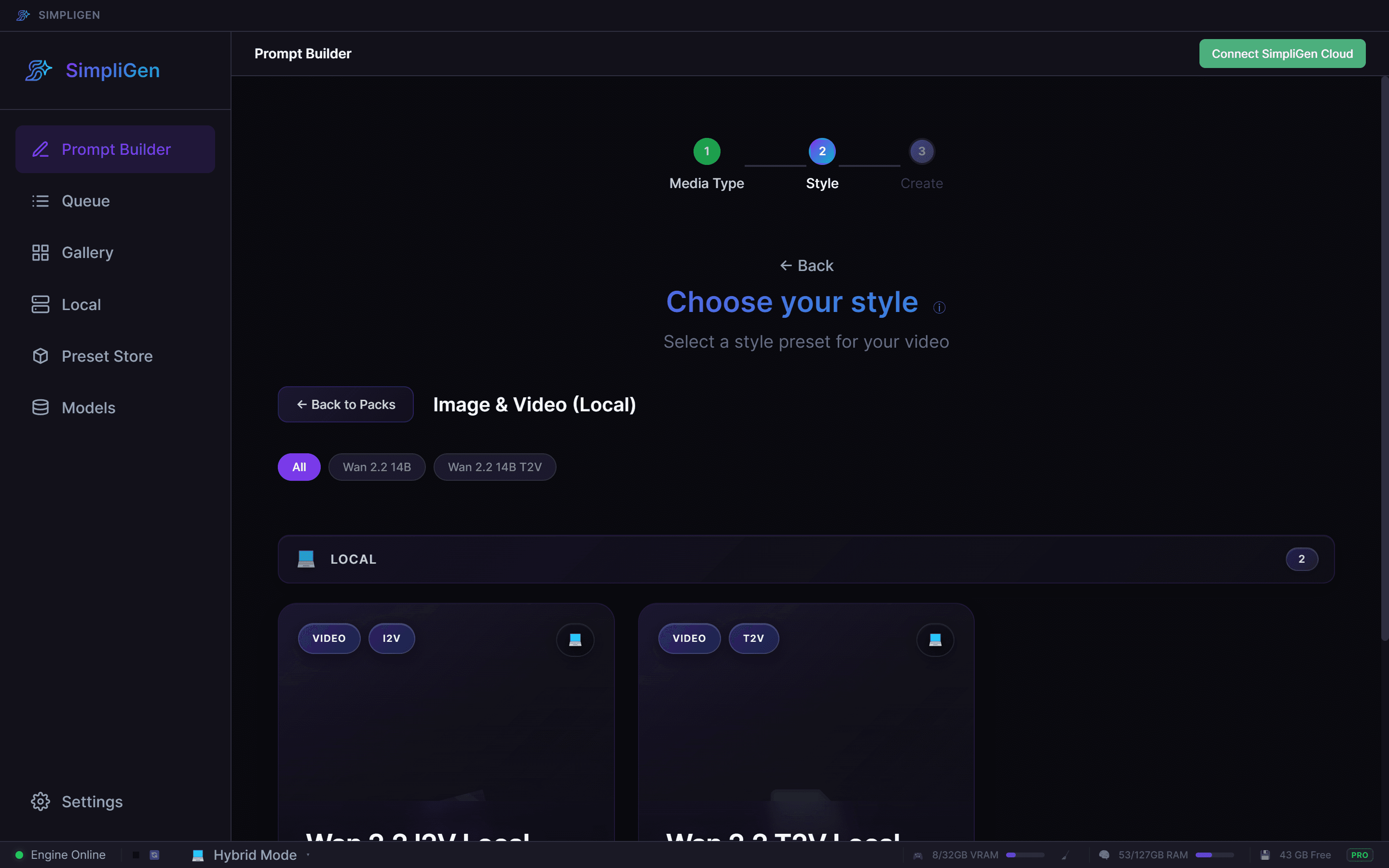 Choosing a video preset in the prompt builder