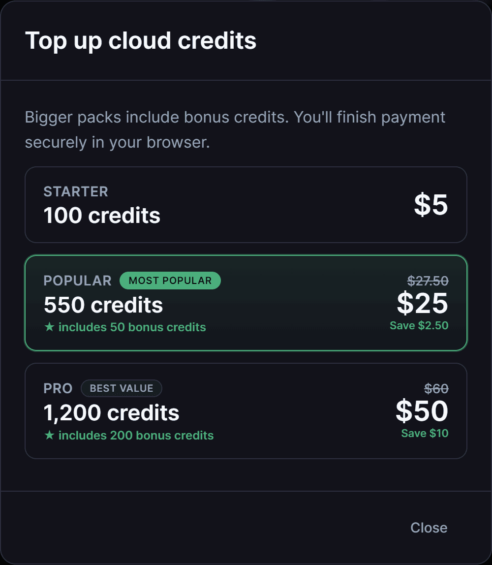 The top-up modal showing credit packs