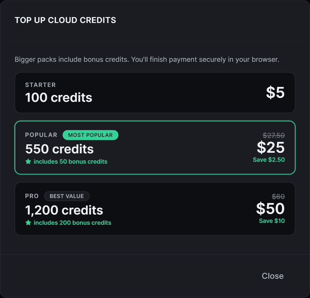 La fenêtre de recharge affichant les forfaits de crédits