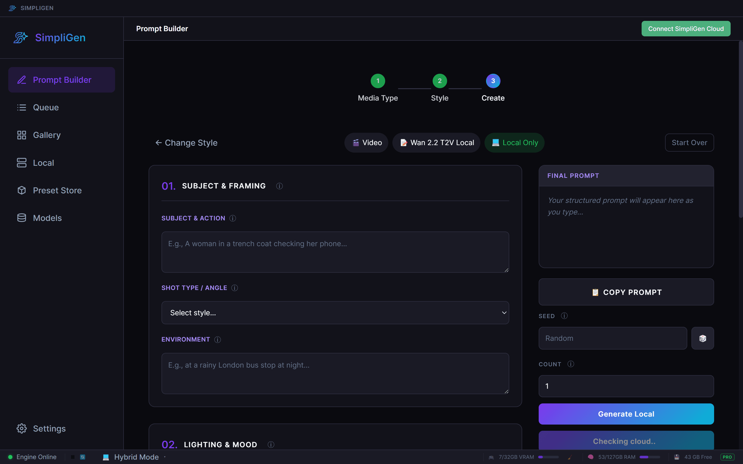 The Create step for a text-to-video preset