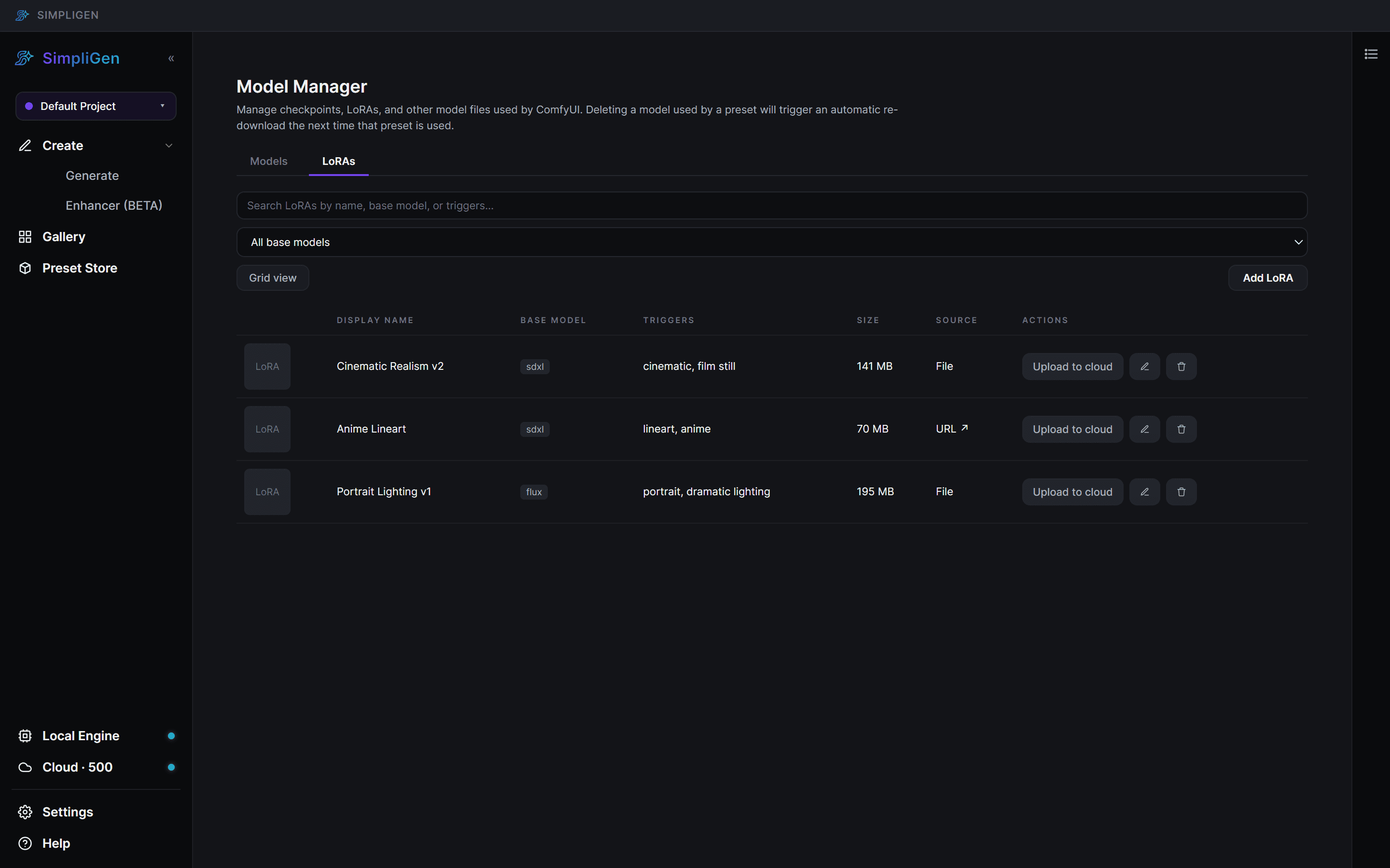 Model Manager with the LoRAs tab selected
