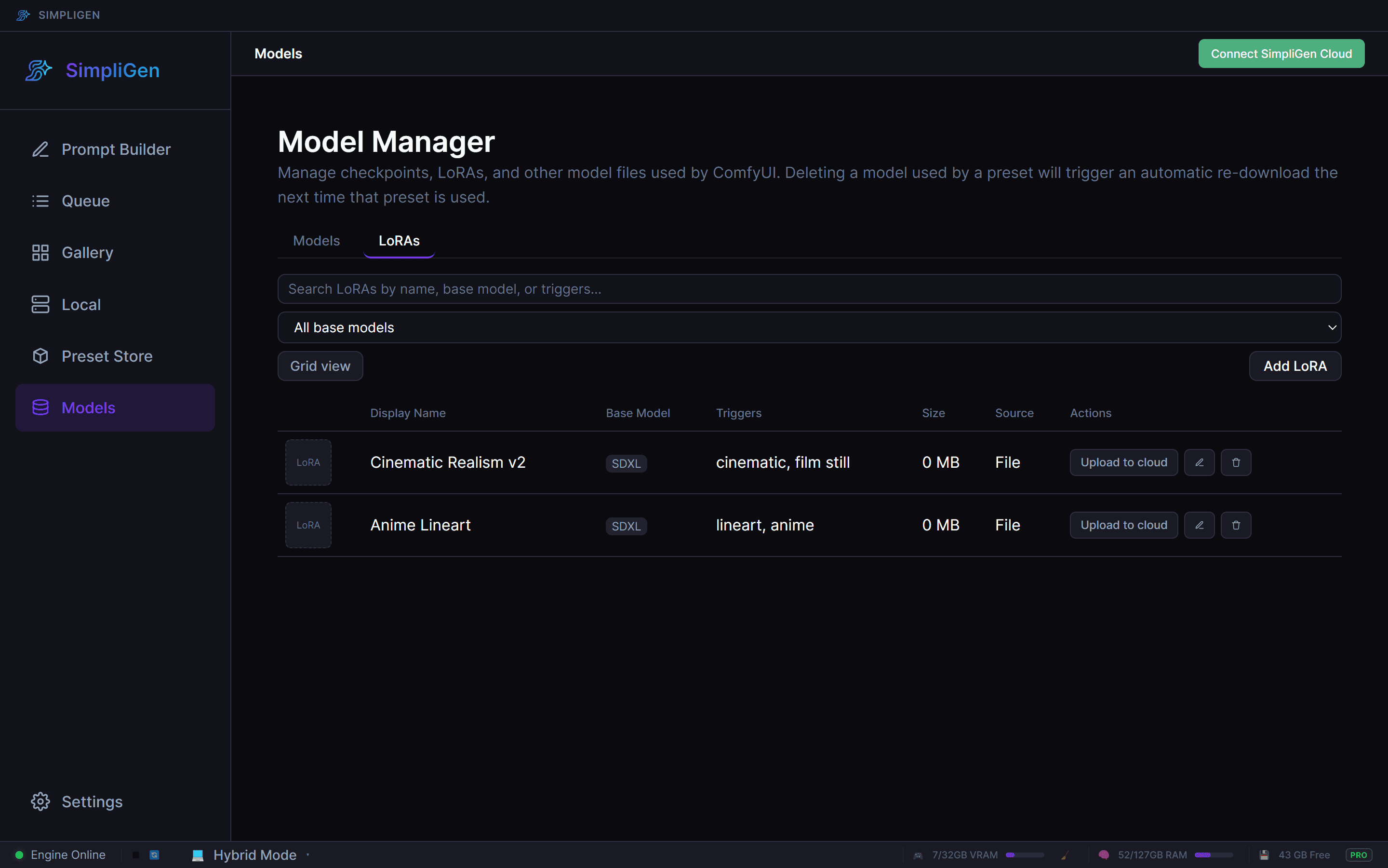 The Model Manager LoRAs tab