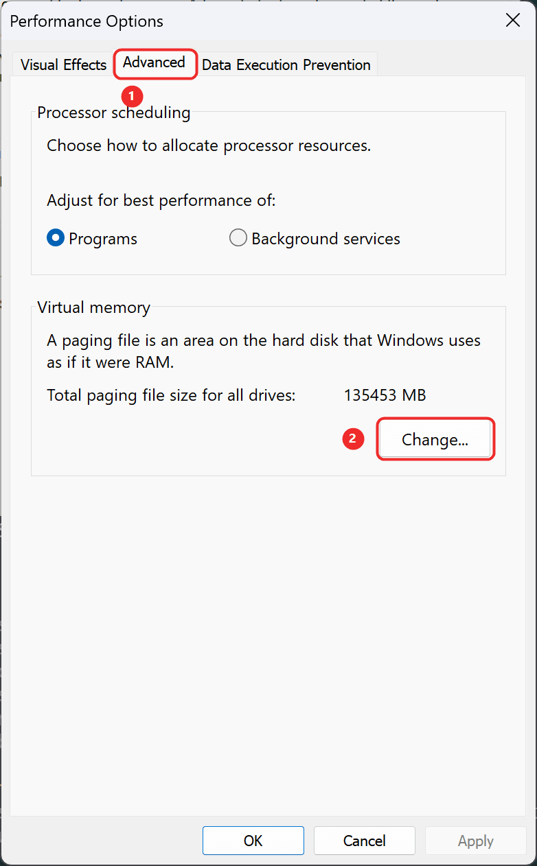 The Performance Options window, with the Advanced tab and the Virtual memory Change button marked