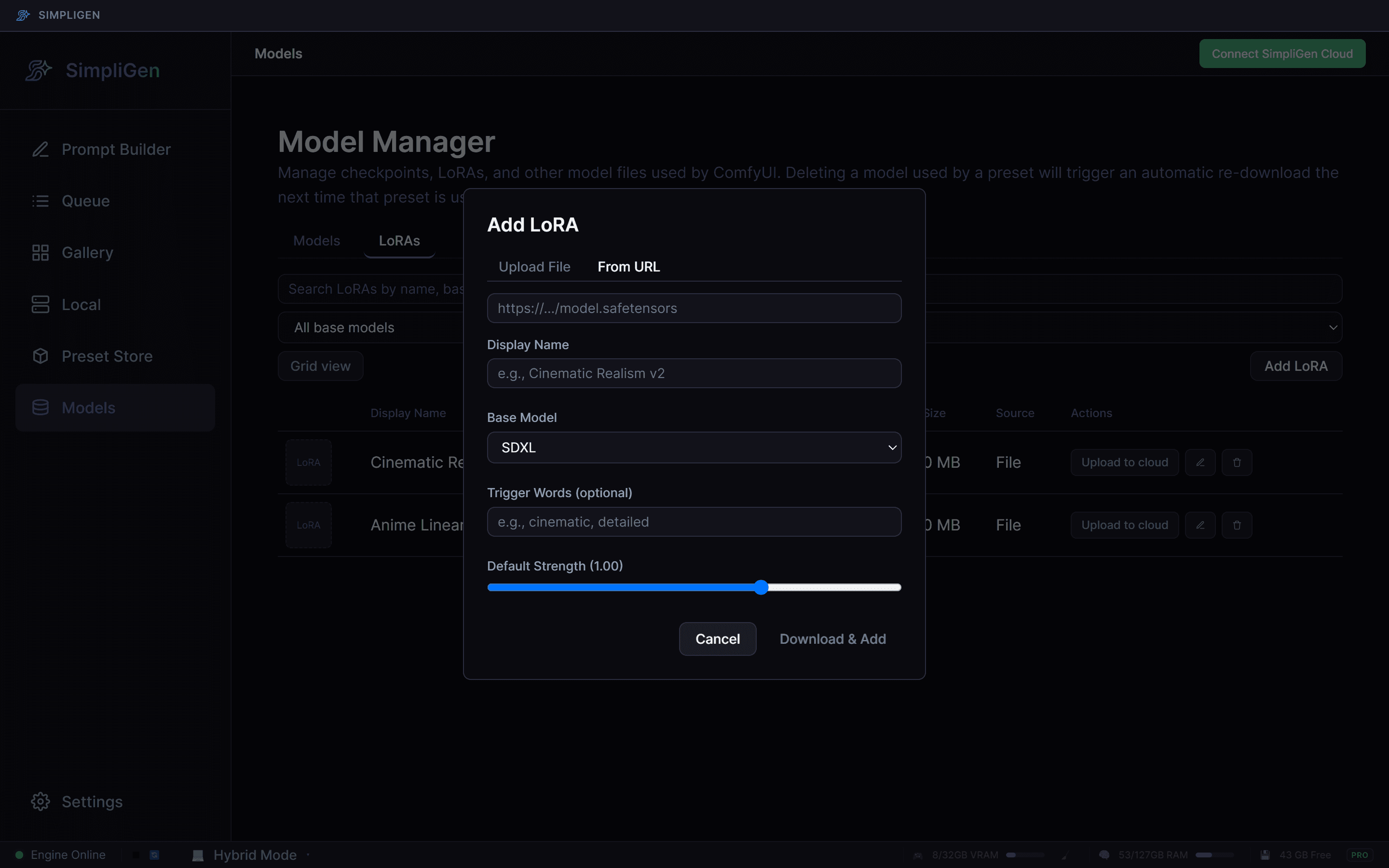 Add LoRA modal, From URL tab