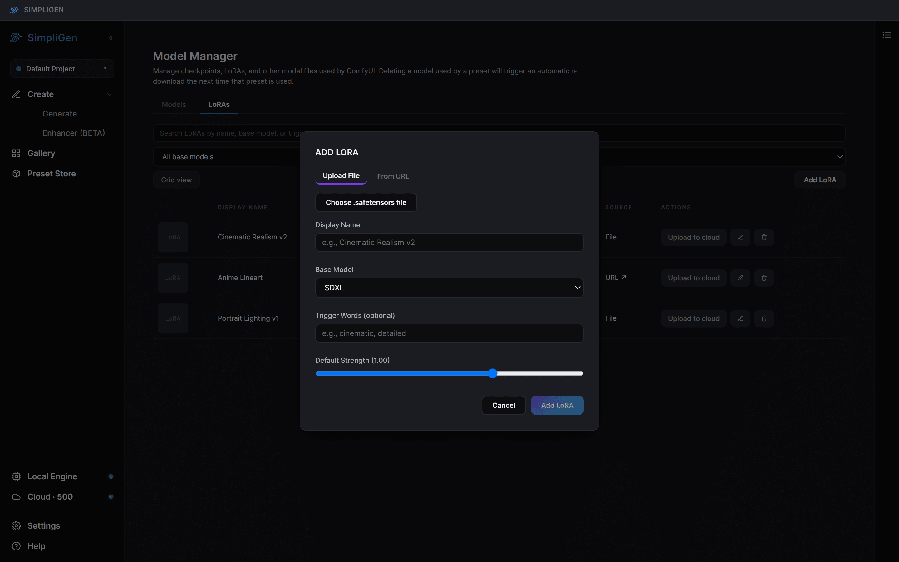 Add LoRA modal, Upload File tab
