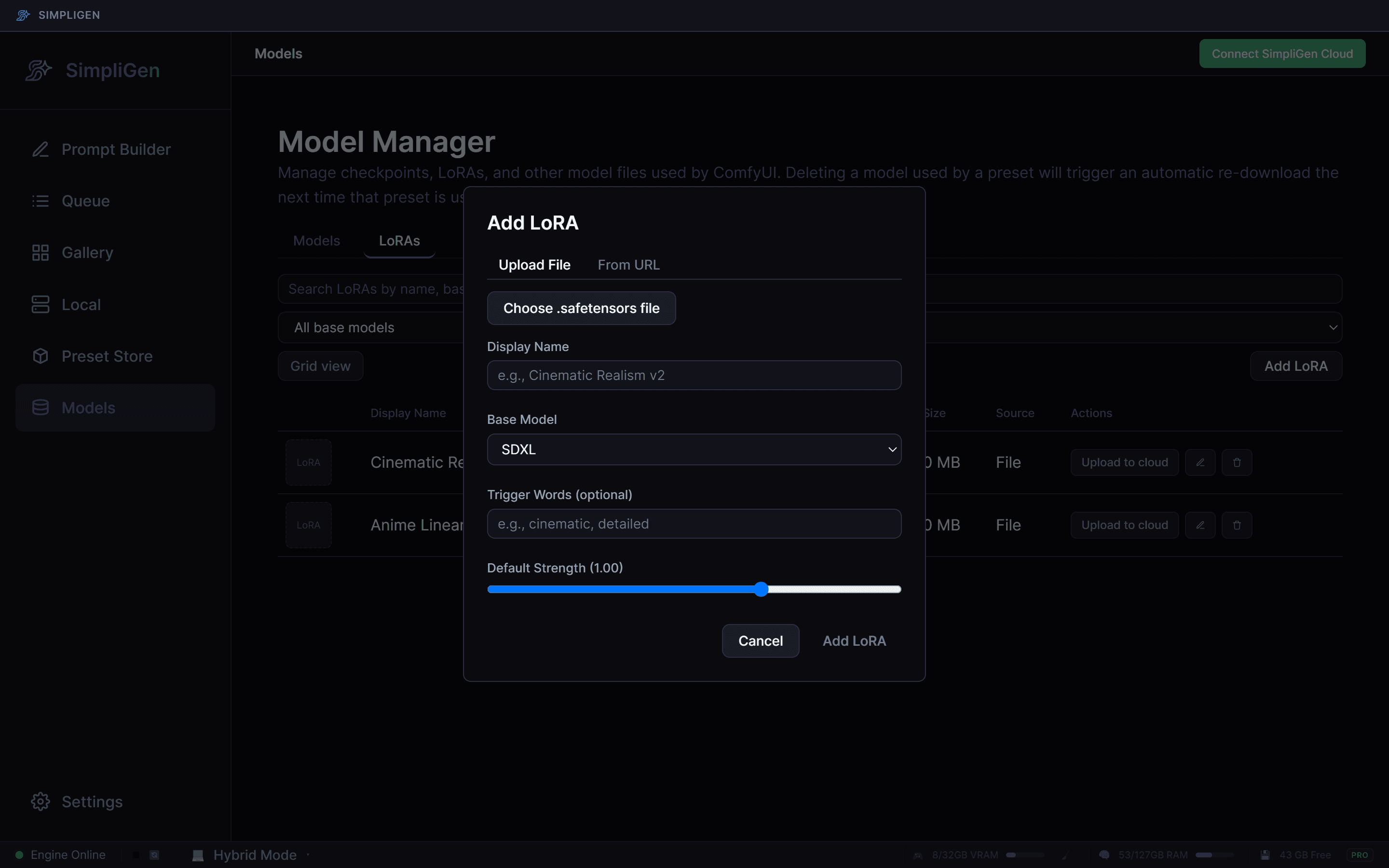 Add LoRA modal, Upload File tab