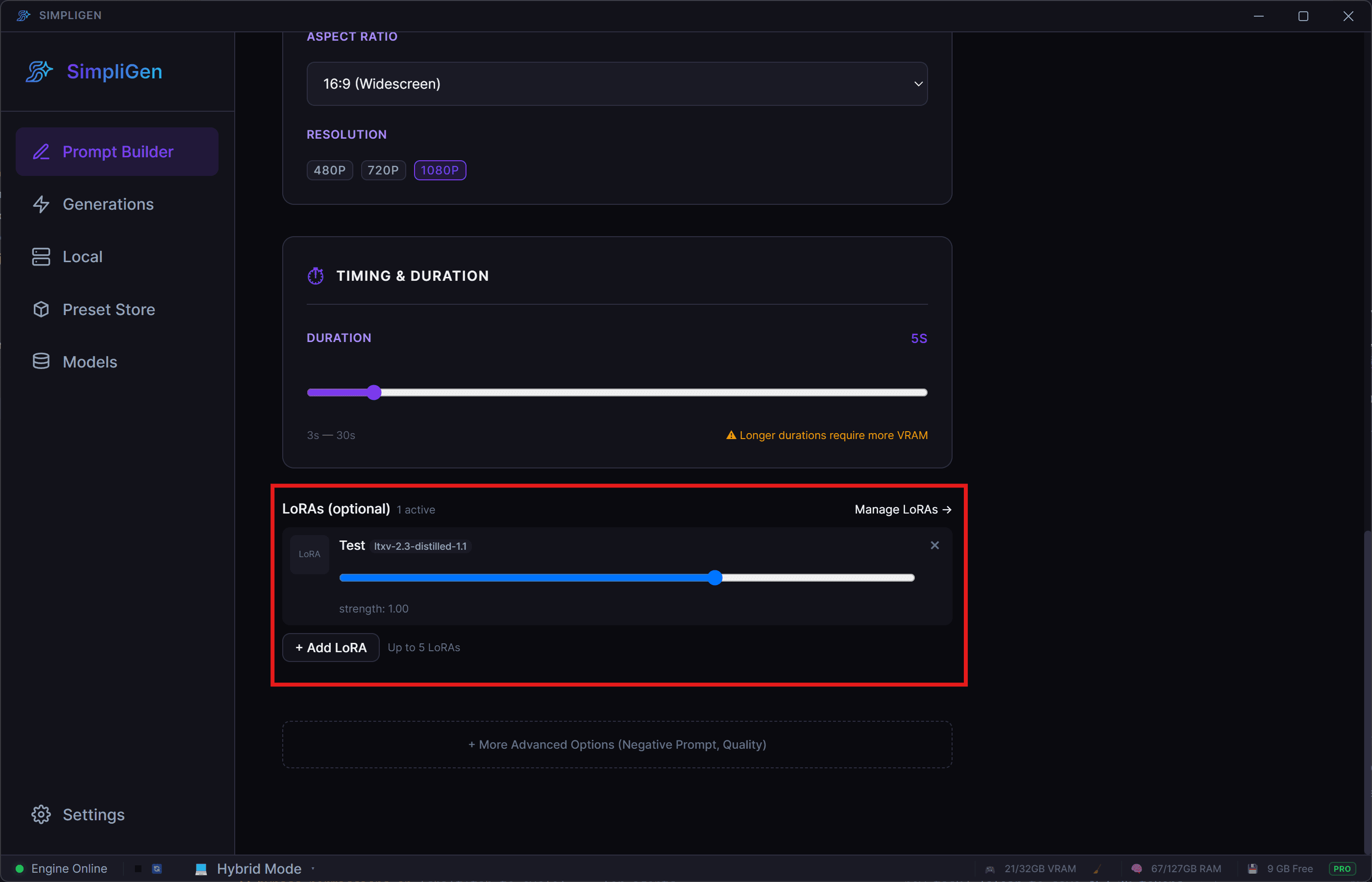 LoRA stack selector in the prompt builder with a LoRA active