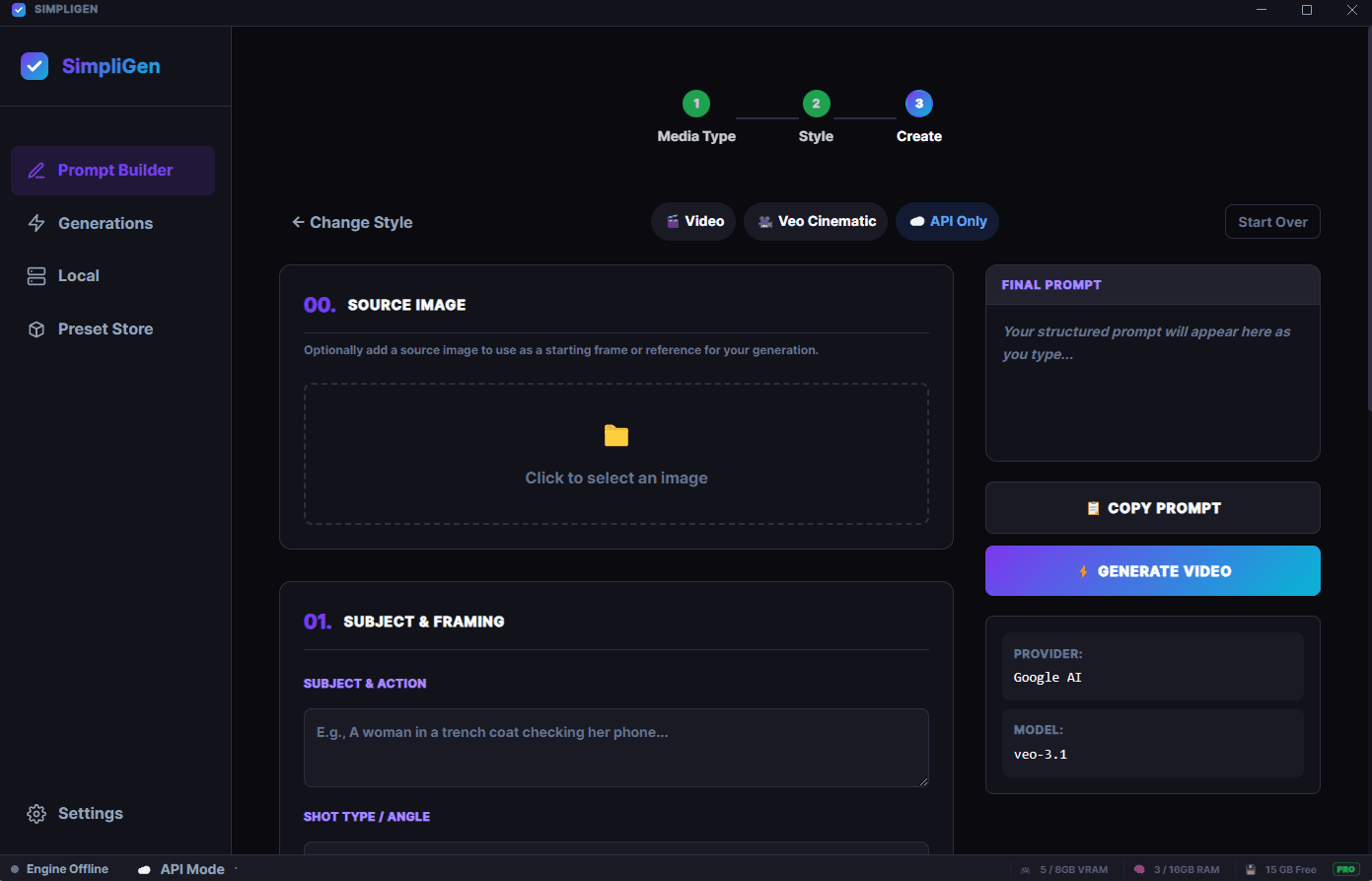 SimpliGen prompt builder wizard with three-step progress: Media Type, Style, Create