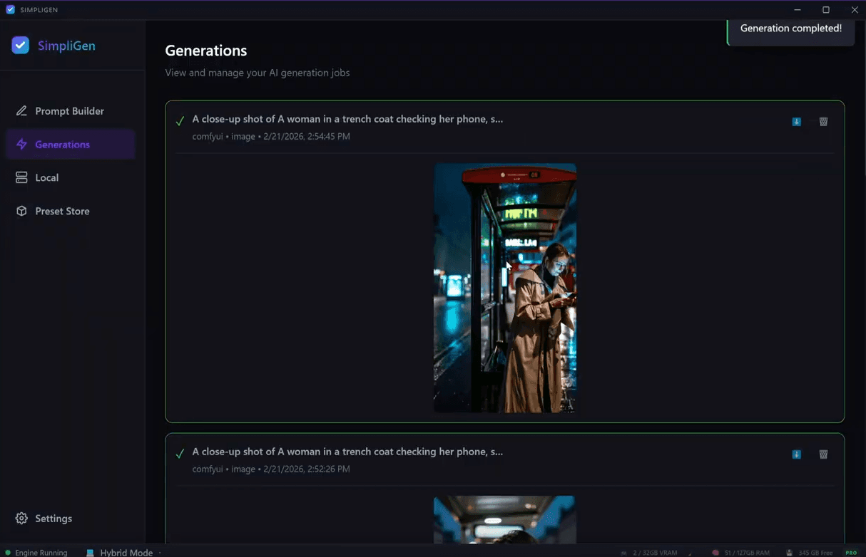 SimpliGen Generations page displaying a completed AI image with a 'Generation completed' toast