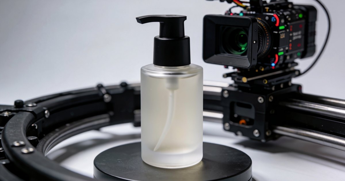 A frosted glass bottle with a black pump and no label on a turntable, with a cinema camera arcing round it on a curved slider. Generated with SimpliGen (Krea 2 Turbo).