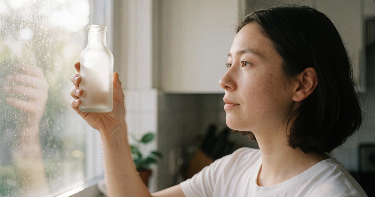 A woman at a rainy kitchen window holding an unlabelled frosted bottle to the light. Generated with SimpliGen (Krea 2 Turbo). Check it against the four tells below.