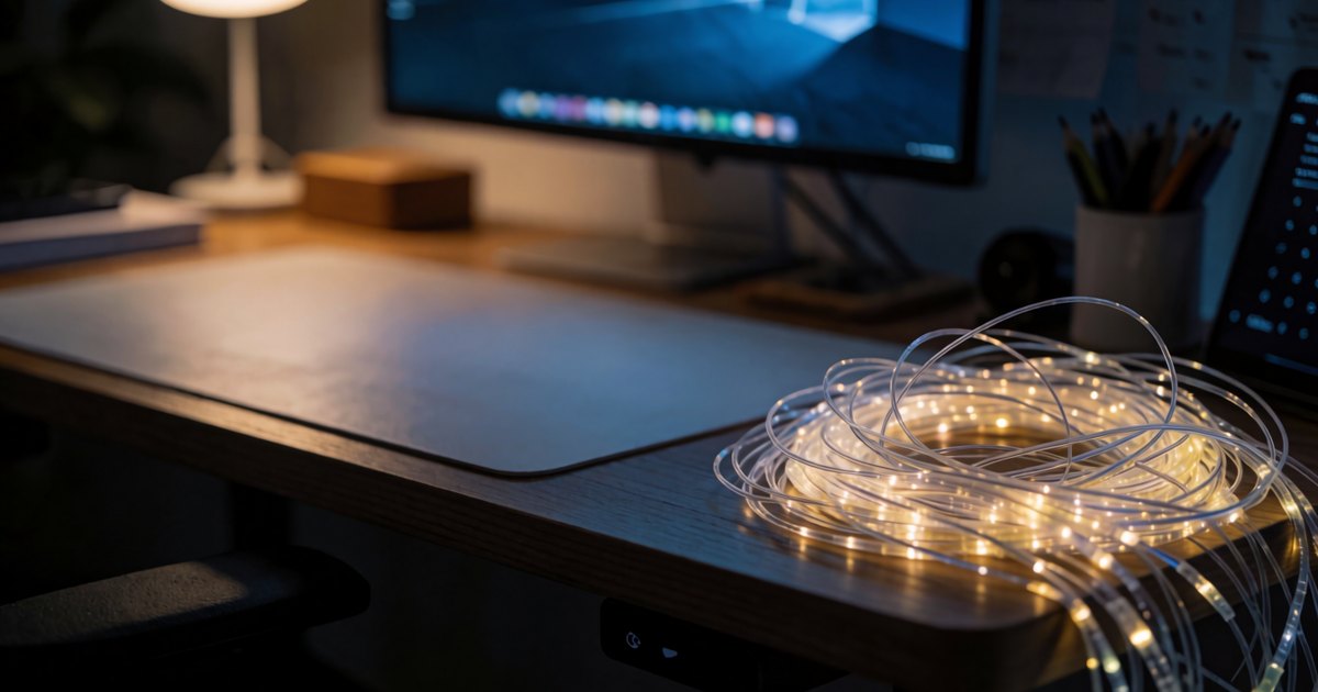 A creative desk at night with a tangle of glowing cables pushed to the edge and the centre left clear. Generated with SimpliGen (Krea 2 Turbo).