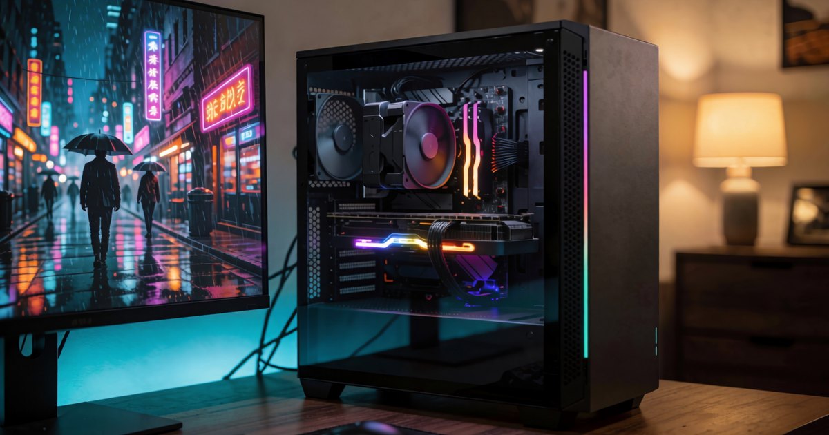 A desktop PC with its graphics card lit up, beside a monitor paused on a rainy neon street. Generated with SimpliGen (Krea 2 Turbo).
